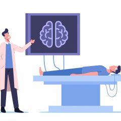 Neurobiology Medicine, Brain Mri. Doctor and Patient Characters in Hospital on Medical Examination with Computer Monitor and Patient Head Tomography Diagnostics. Cartoon People Vector Illustration