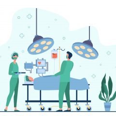 Professional surgeons surrounding patient on operation table flat vector illustration. Cartoon medical workers checking patient condition. Medicine technology and healthcare concept